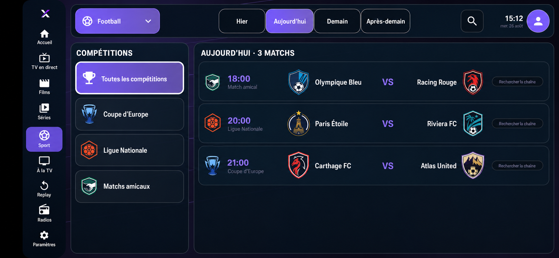 Programme sportif — Today’s matches at a glance